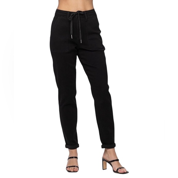Judy Blue Black Denim Jogger Pants Size 26 High Waist Stretch Drawstring Casual - Picture 1 of 16
